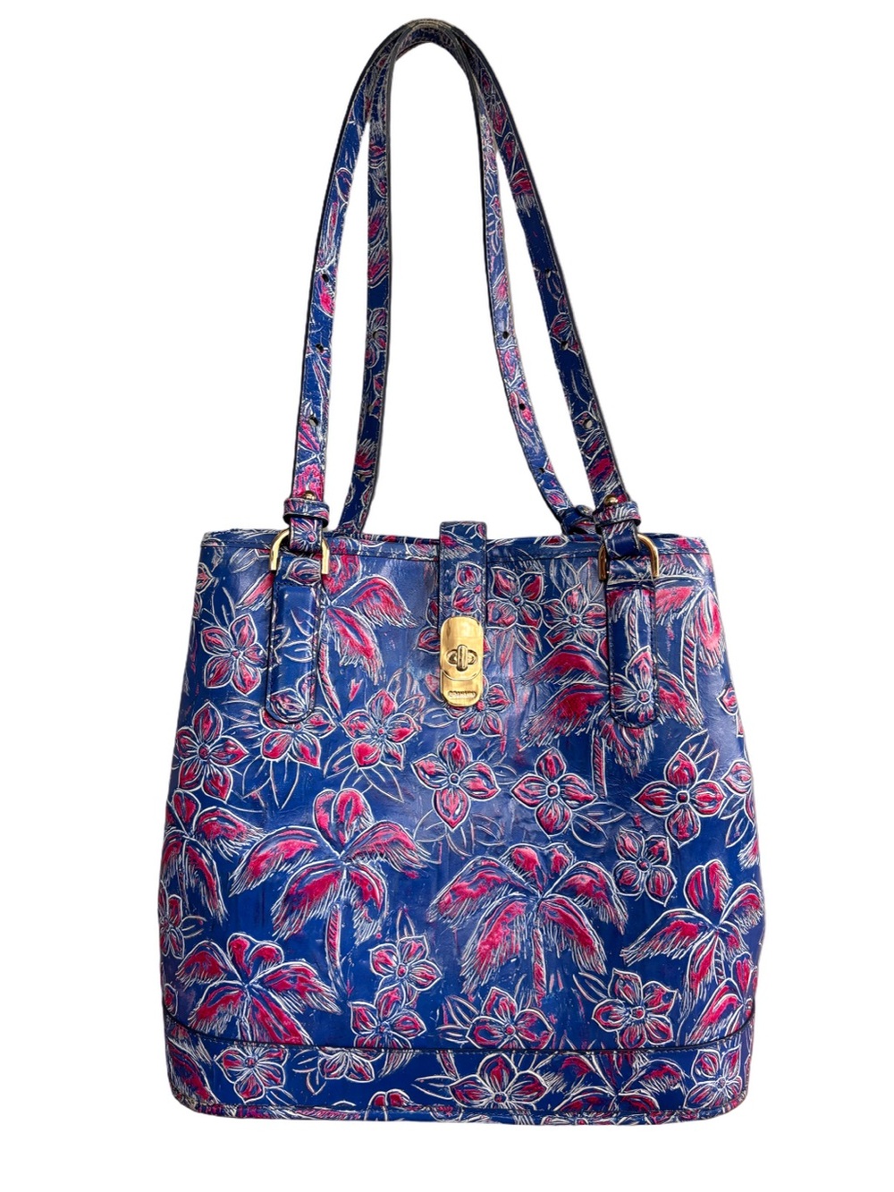 Brahmin Fiora Vista Blue Pink Torrone Floral Leather Shoulder Bag